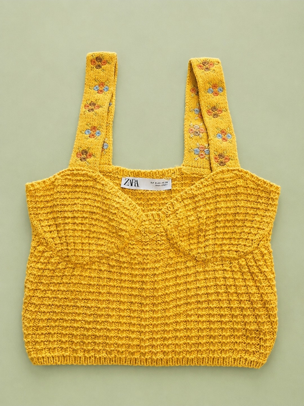 ZARA Mustard Yellow Knit Cropped Tank with Embroidered Straps